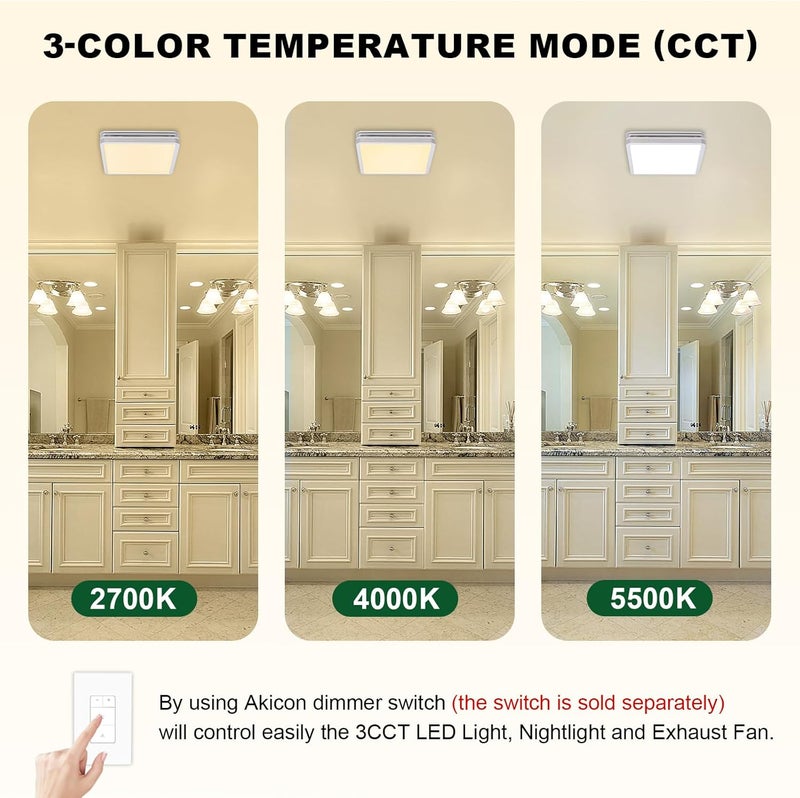 Akicon Bathroom Exhaust Fan with Shower Light, 15W Dimmable 3CCT LED with 3.5W Night Light Vent Fans, 80 CFM, 2 Sones Bath Fan Light Combo for Bathroom and Home, Square, Silver - Image 3